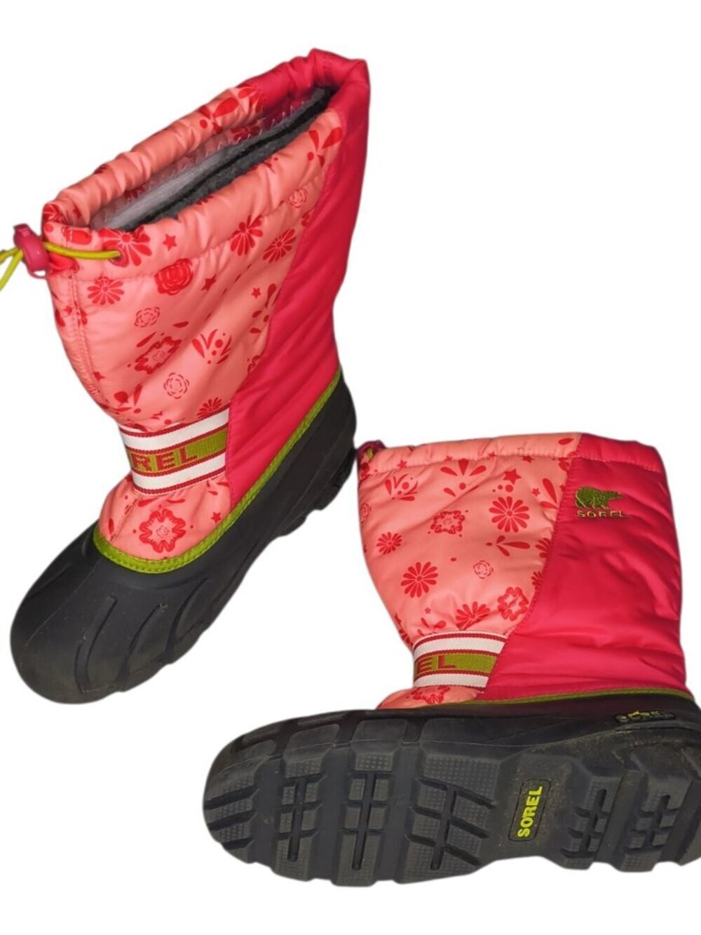 Sorel Boots Girls Youth Pink Floral Rubber Slip On Winter Snow Boots size 7